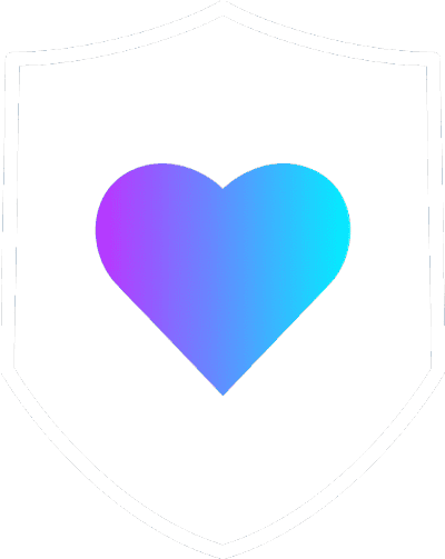 Purple and blue heart in white shield icon.