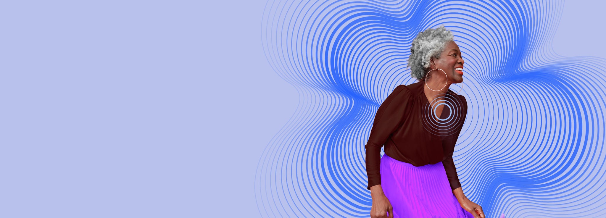 Smiling, active woman with pulse indication over her heart and FARAPULSE Pulsed Field Ablation (PFA) shape behind her.