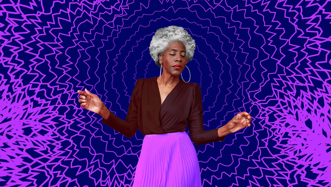 Dancing, vibing woman with pulse indication over her heart and FARAPULSE Pulsed Field Ablation (PFA) shape behind her