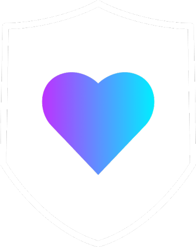 Purple and blue heart in white shield icon.